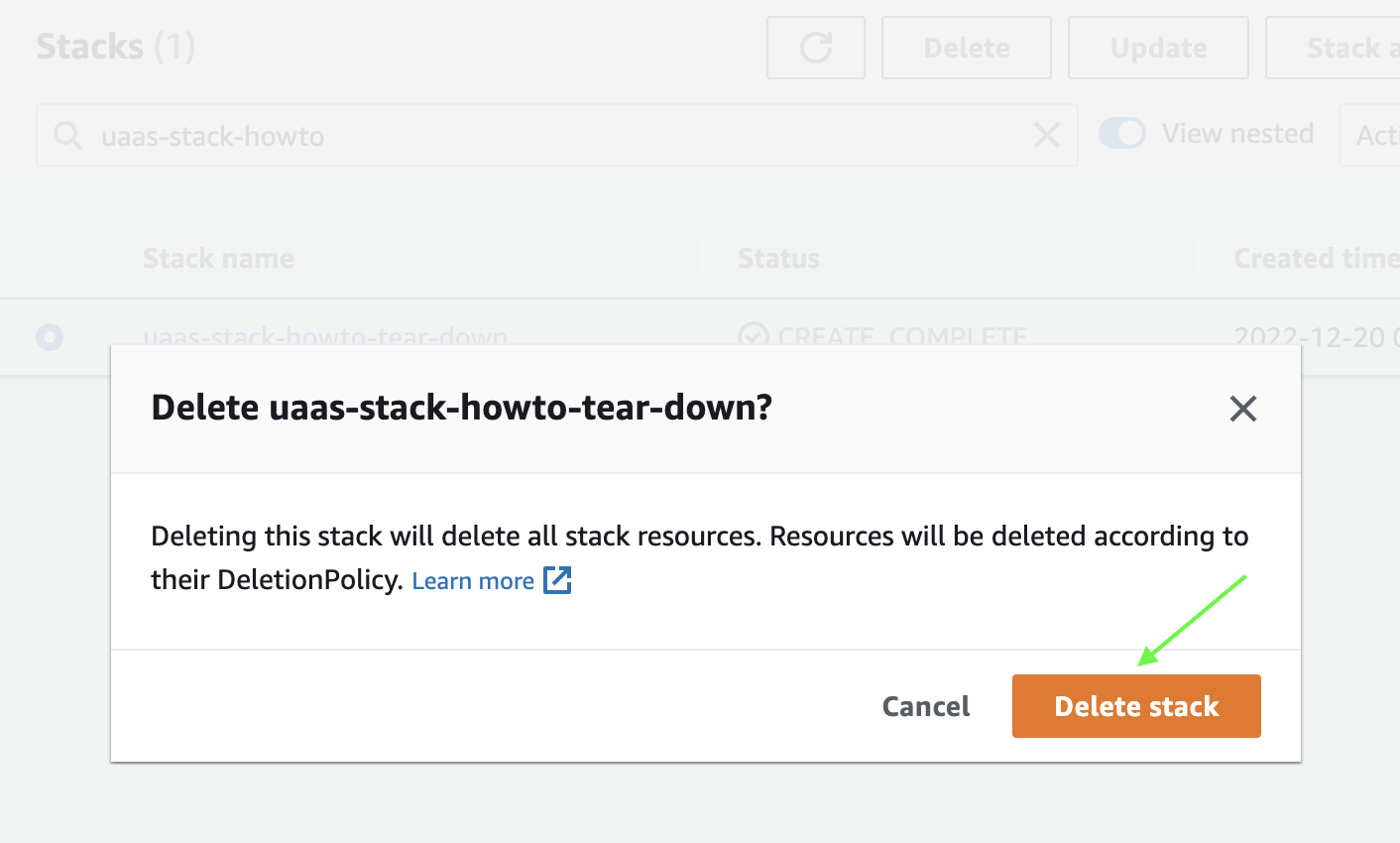 AWS CloudFormation Delete Confirm